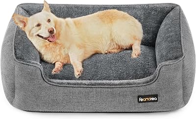 Feandrea Linen-Look Dog Bed Large 90 x 75 cm with Raised Edges Non-Slip Cover