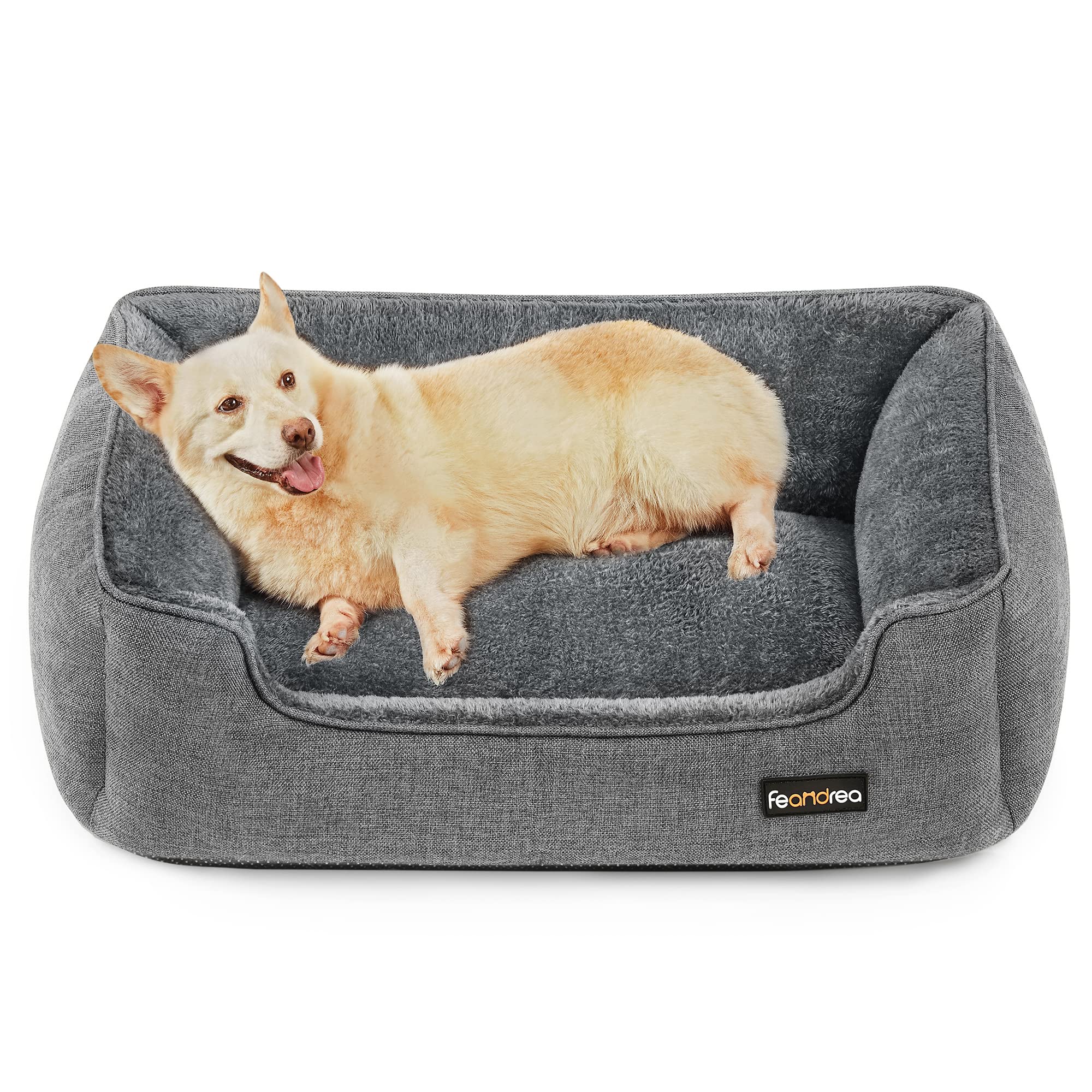 Feandrea Dog Bed, Linen-Look Pet Bed, Dog Sofa Bed with Raised Edges, Non-Slip Bottom, Removable Washable Cover, L, for Medium Dogs, 90 x 75 x 25 cm, Light Grey PGW11GG