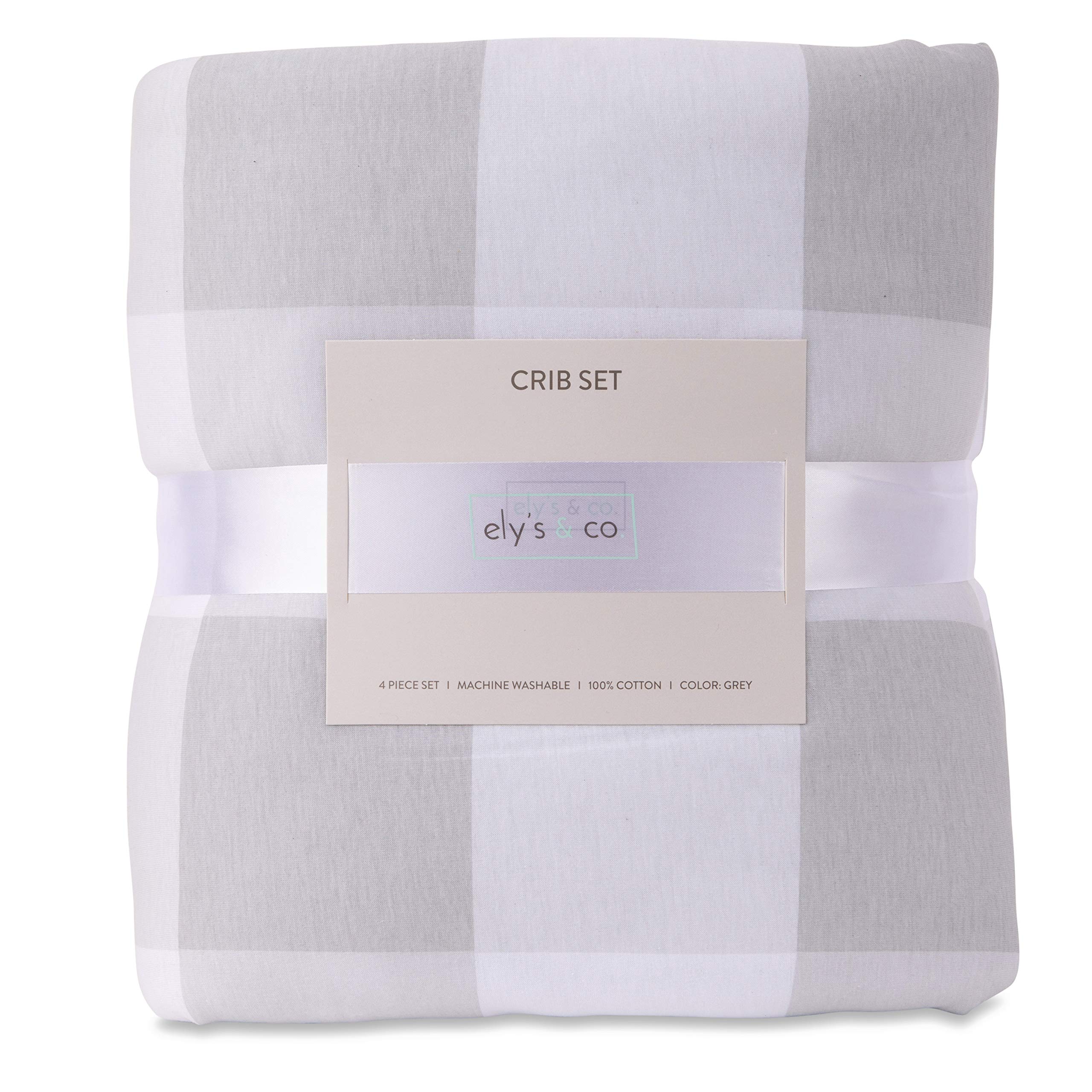 Ely's & Co. Baby Crib Set 4 piece, Crib Sheet,Quilted Blanket, Crib Skirt & Baby Pillow Case - Gingham Design (Grey)
