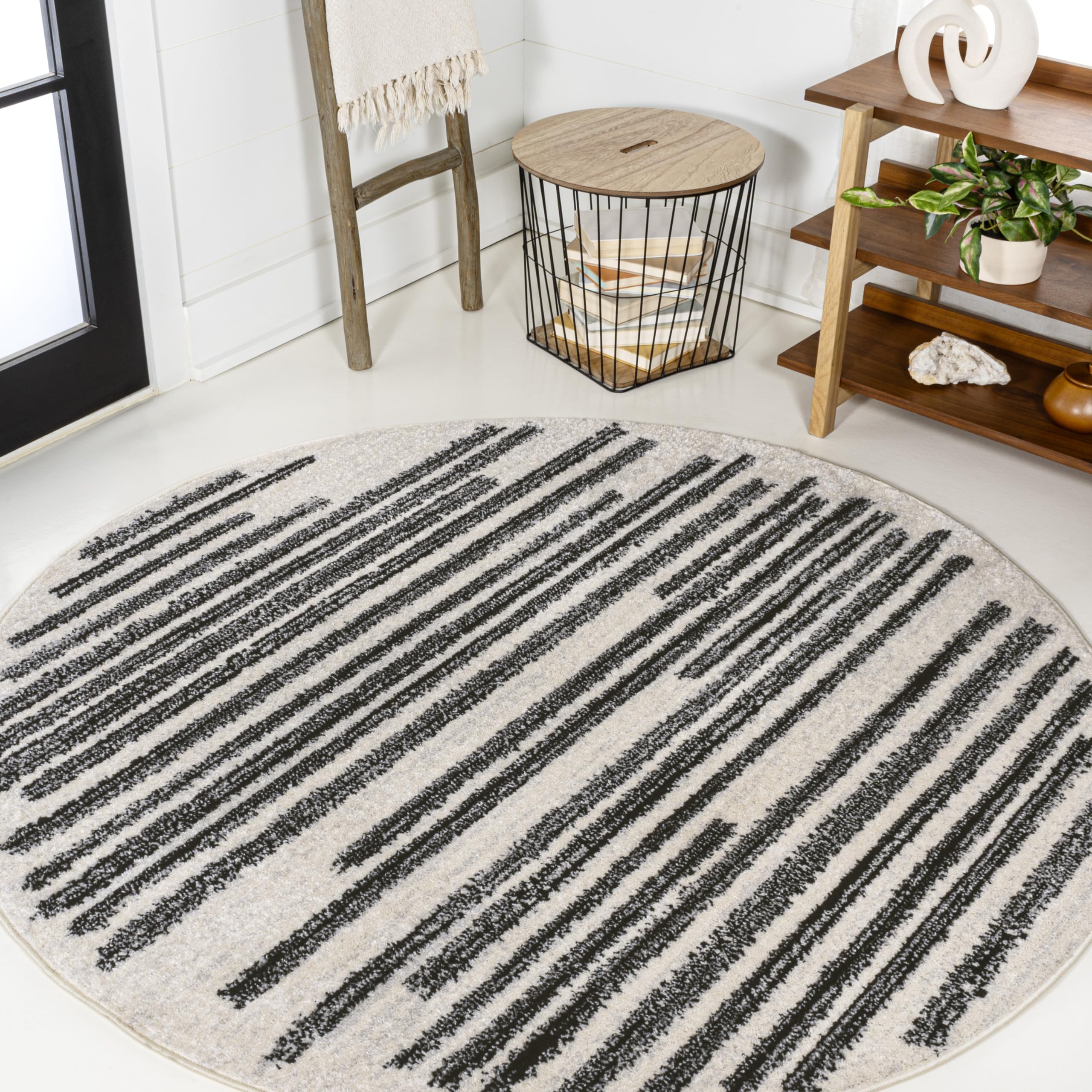 Photo 1 of **DIRTY FROM TRANSPORT **JONATHAN Y Khalil Modern Berber Stripe Cream/Black 7' Round Indoor Area Rug, Contemporary, Bohemian, Easy-Cleaning for Living Room, Bedroom, Kitchen, Pet Friendly, Non-Shedding (MOH207A-7R)
