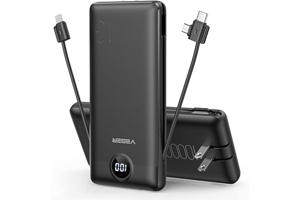 VEGER Portable Charger for iPhone Built in Cables Fast Charging USB C Slim 10000 Power Bank, Wall Plug USB Battery Pack for iPhones, iPad, Samsung More Phones Tablets (Black)