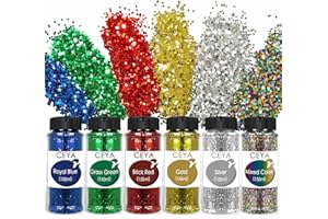 Ceya Bulk Chunky Glitter 6 Assorted Colors, 4.23OZ Each Jar Crafts Christmas Glitter, 1/24” Medium Size Nail Sequins for School Classroom Art,DIY Craft Slime Poster Card,Red,Blue,Silver,Gold,Green,Mix