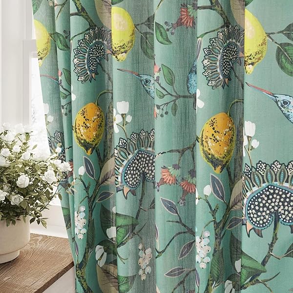 LINEN PINCH PLEATED FLORAL SHEER CURTAINS FOR BEDROOM VINTAGE FARMHOUSE LIGHT FILTERING PRIVACY SEMI SHEER CUTE LEMON HUMMINGBIRD CURTAIN FOR KIDS NURSERY LIVING ROOM 96 INCHES LONG 2 PANELS GREEN