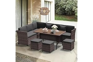 YOCONYO Patio Furniture Set, 7 Pieces Outdoor Dining Sets, All Weather Rattan Conversation Set Outdoor Dining Sectional Sofa with Dining Table, Ottoman (Brown-Drak Grey, B-7 Pieces)