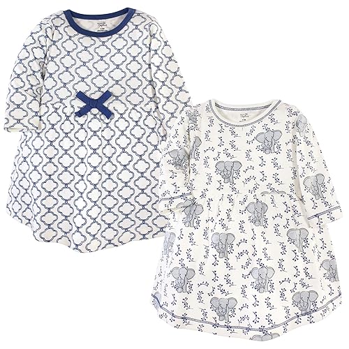 Touched by Nature baby girls Organic Cotton Short-sleeve and Long-sleeve Dresses Casual Dress, Blue Elephant Long Sleeve, 3T US