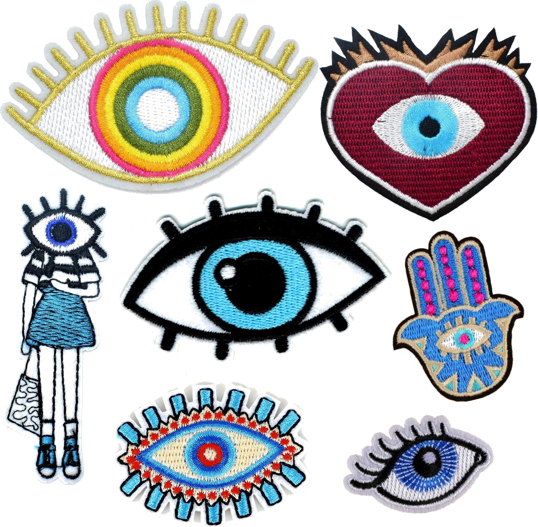 LilieCrea 7 Evil Eye Patches, Hand of Fatima, Hamsa, Eye, Heart, Amulet Iron-On Patches