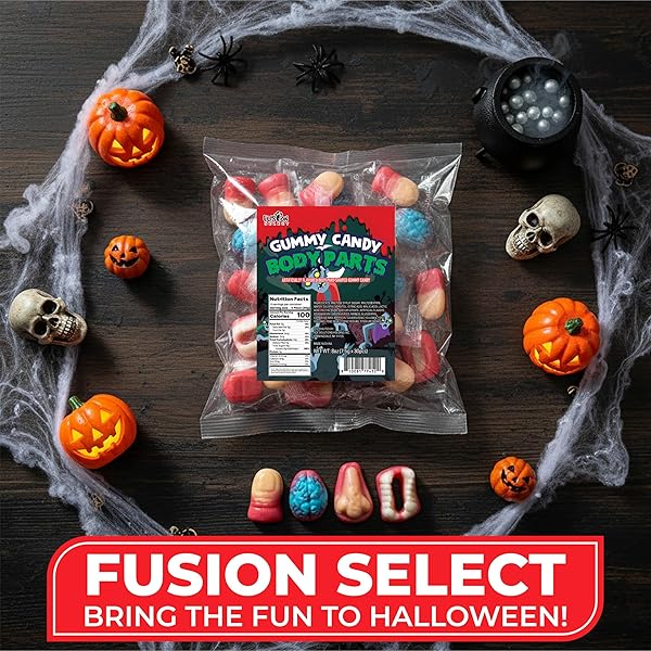 FUSION SELECT 16 OZ INDIVIDUALLY WRAPPED GUMMY BODY PARTS CANDY – HALLOWEEN GUMMIES & TRICK OR TREAT CANDY FOR PARTY & GOODIE BAGS – SPOOKY ASSORTMENT OF BRAIN, TEETH, FINGERS & NOSE CANDIES