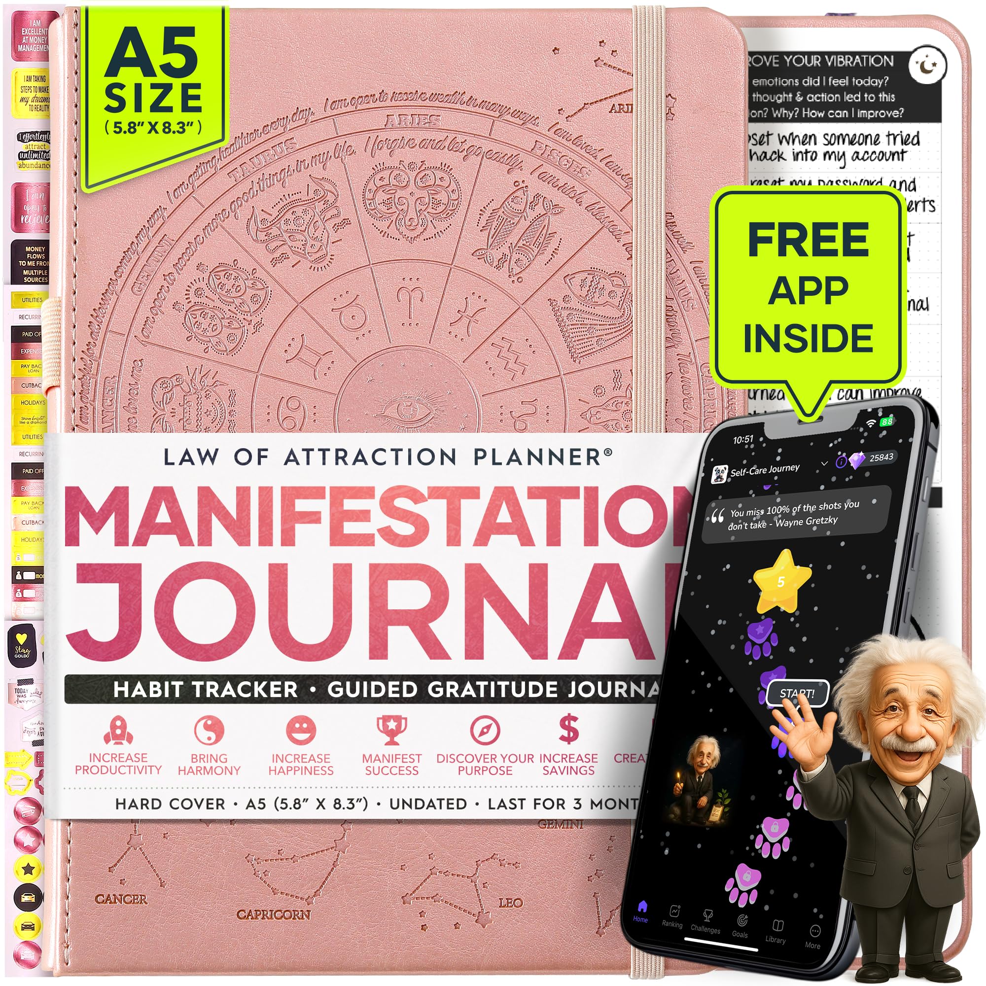 Manifestation Journal - 5 Minute Manifesting & Self Care Journal | 90-Day Undated Daily Planner for Positivity, Affirmations & Gratitude | Guided Mindfulness, Reflection | Vision Board + Stickers