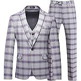 MOGU Mens 3 Piece Slim Fit Plaid Suit Blazer Jacket+Vest+Pants