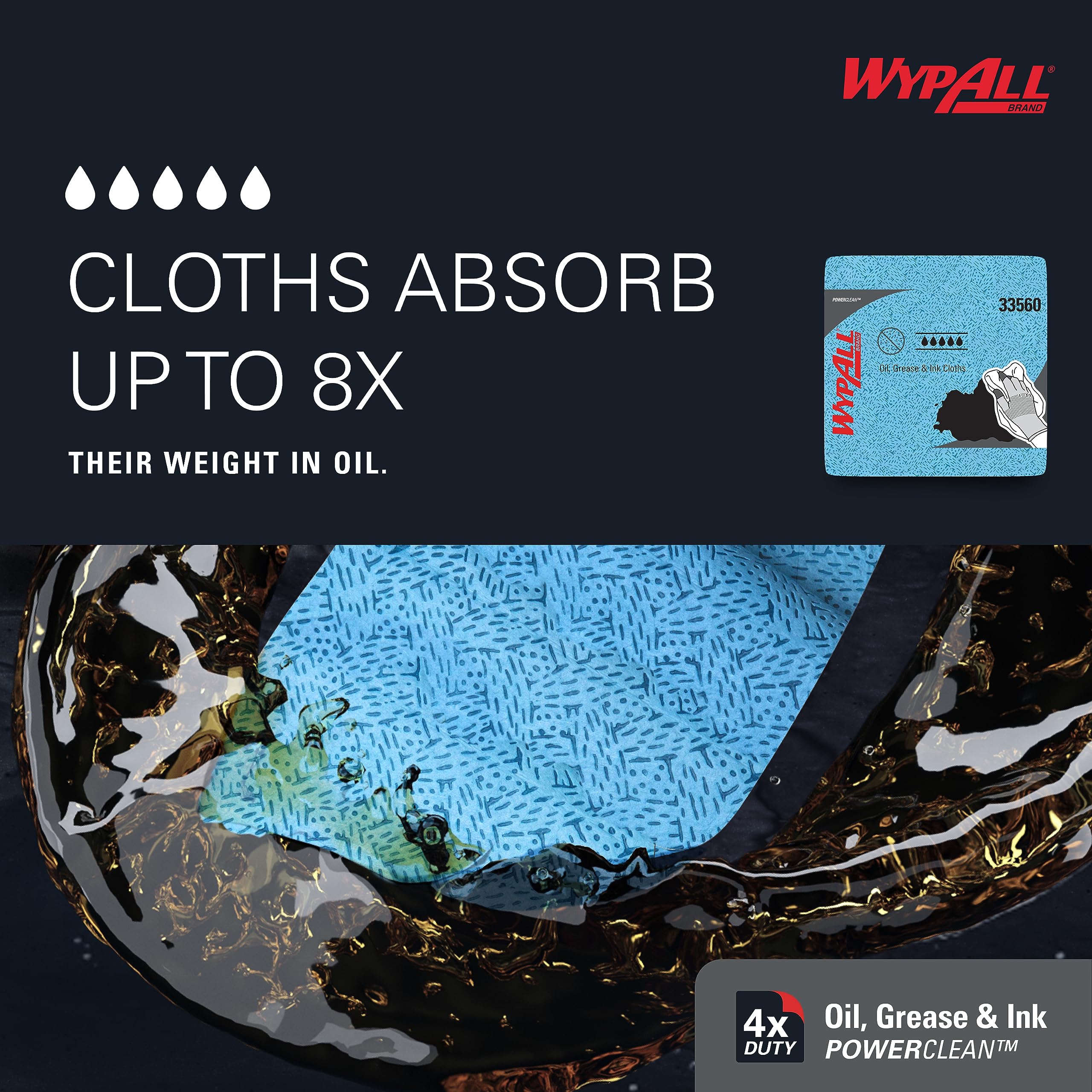 WypAll Oil, Grease & Ink Cloths (33560), Quarterfold, Lint-Free Wipes, Blue (8 Packs of 66 Sheets, 528 Sheet Total)