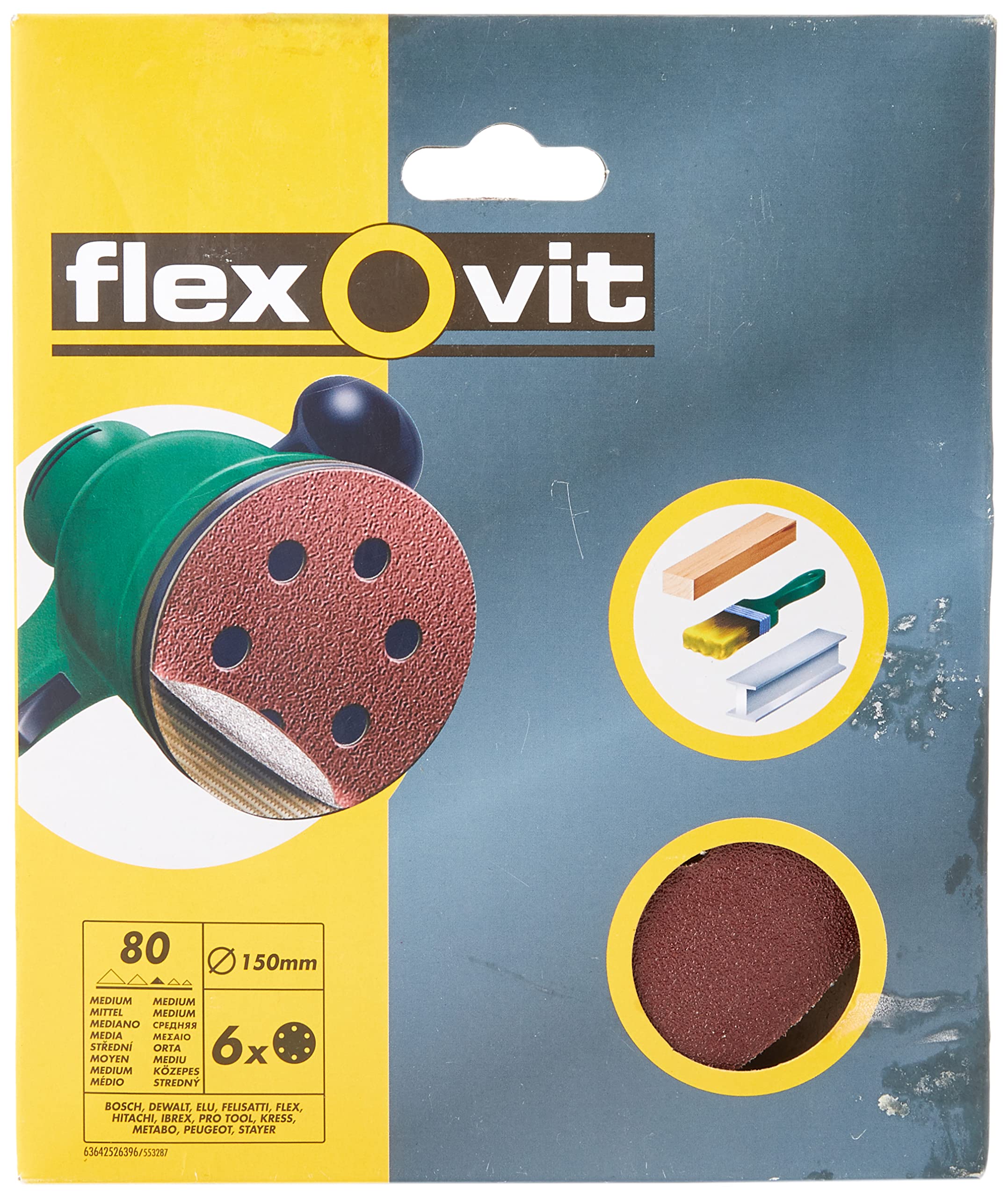 Flexovit Hook & Loop Sanding Discs 150 mm Medium 80g (6)