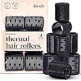 Kitsch Ceramic Thermal Hair Rollers for Women – Self Grip Hair Curlers for Heatless Curls Overnight - Volumizing Large Rollers for Short & Long Hair - For Long Lasting Frizz-Free Curls - Black, 8pcs