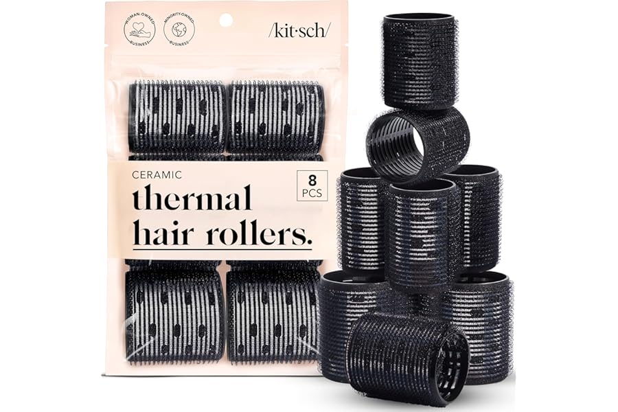 Kitsch Ceramic Thermal Hair Rollers for Women – Self Grip Hair Curlers for Heatless Curls Overnight – Volumizing Large Rollers for Short & Long Hair – For Long Lasting Frizz-Free Curls – Black, 8pcs