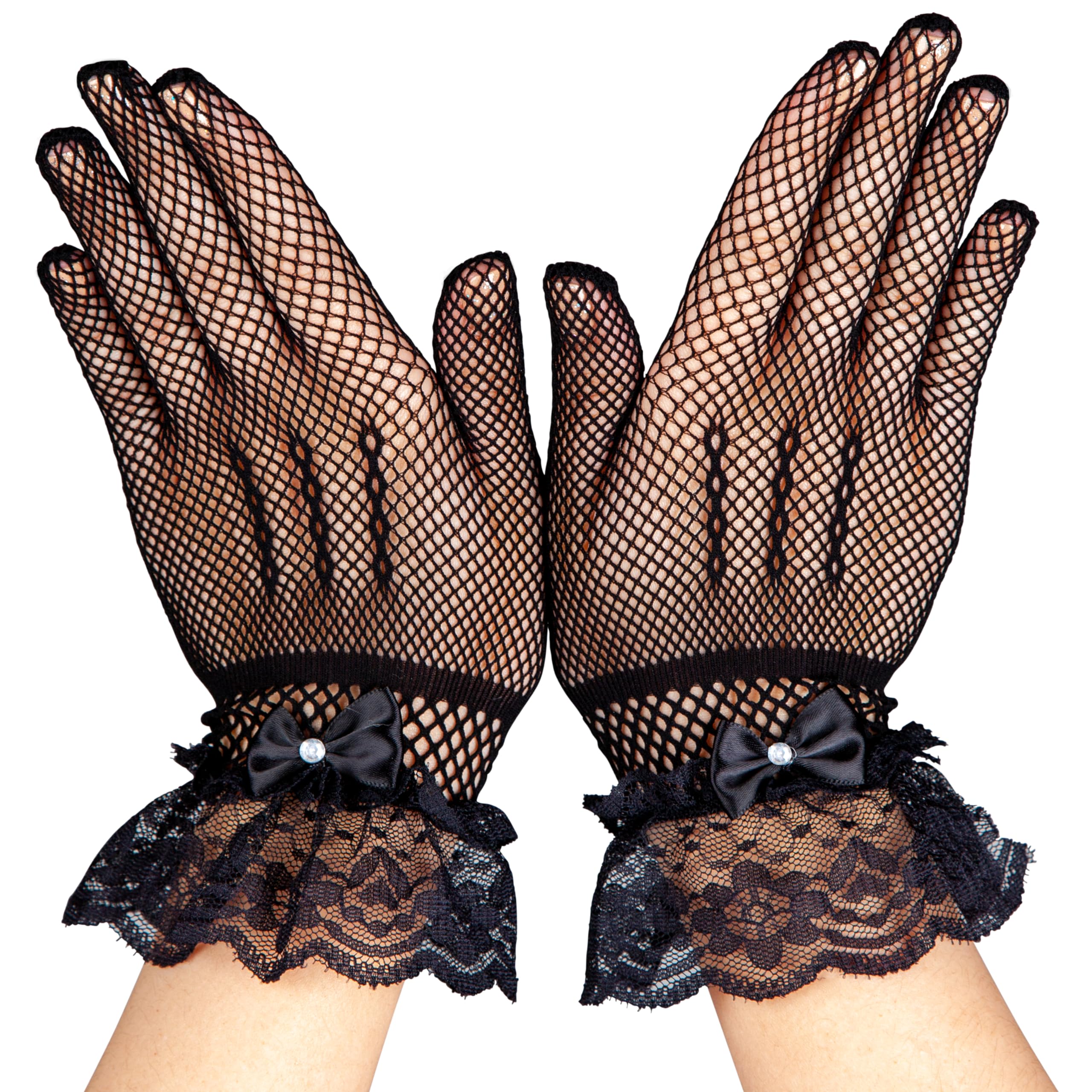 Wicked Costumes Adult Ladies Short Fishnet Gloves with Lace & Diamantes Fancy Dress Accessory – Black (Ages 14+)