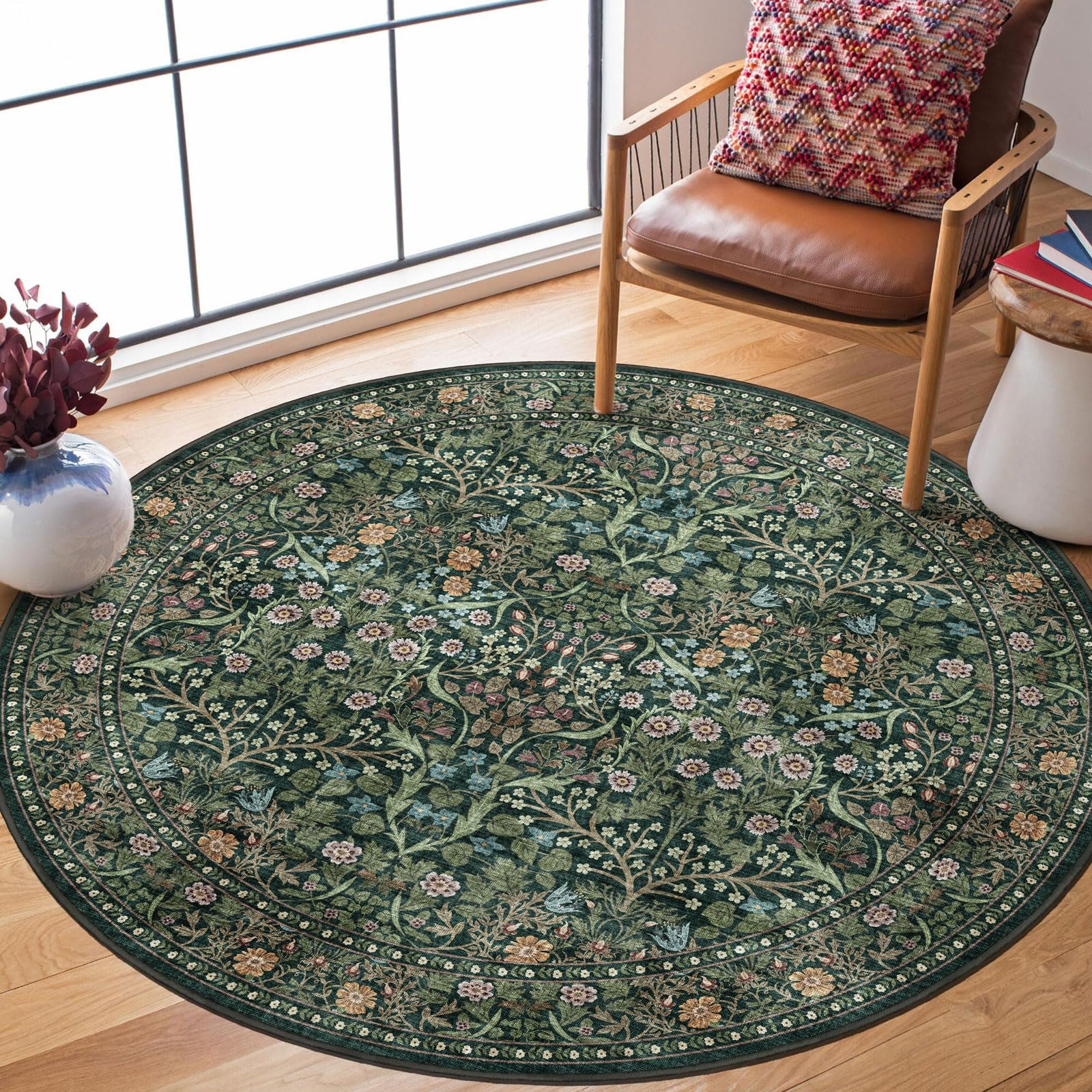 Photo 1 of Othilic Green Round Rug 5ft - Soft Washable Boho Floral Round Bathroom Rug Non Slip 5x5 Stain Resistant Vintage Botanical Circle Area Rugs for Living Room Bedroom Entryway Dining Room Office Nursery