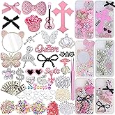 Rozecollin Junk Case Charms Kit with Makeup Mirror,Junk Phone Case Charm Kit with Big Charms, Nail Bow Rhinestones Flatback Resin Charm for DIY Crafts Silver Pink
