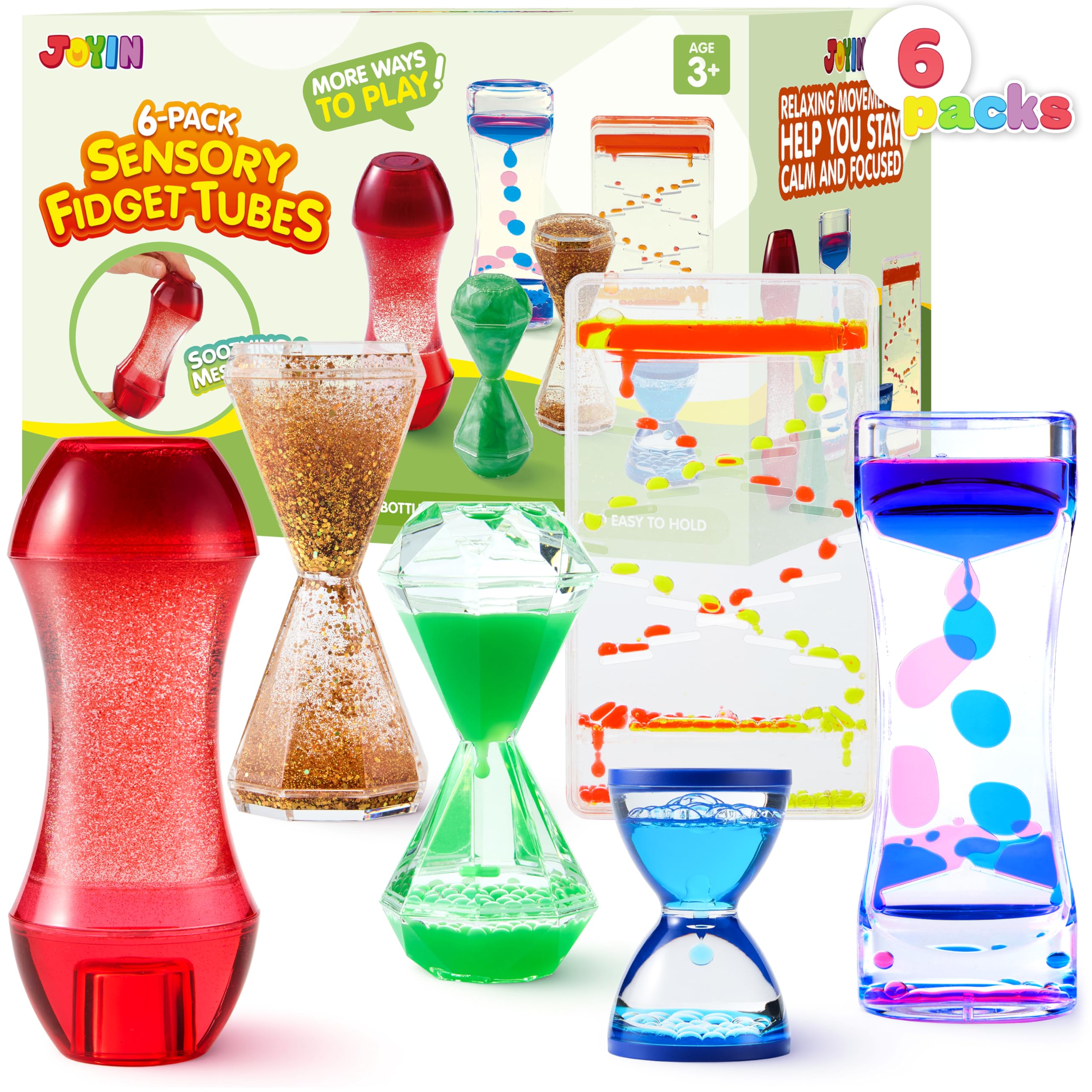 JOYIN 6 Pcs Sensory Toy Fidget Tubes for Kids with Autism, Party Bag Fillers for Kids, Calming Water Sensory Bottles for Stress Relief, Quiet Prizes & Baby Fidget Toys for Classroom Calm Down Corner