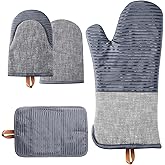 TIPTAP Kitchen Oven Mitts 4pcs Set- Non-Slip Cotton Oven Mitt & Pot Holders – Heat Resistant, Durable & Machine-Washable -One Long Mit, Two Mini Oven Mitts & One Pot Holder (Gray)