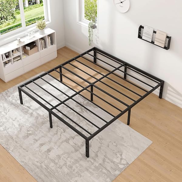 NEW JETO METAL BED FRAME,QUEEN SIZE BED FRAME WITH STORAGE SPACE,HEAVY DUTY STURDY MATTRESS FOUNDATION,EASY ASSEMBLY,NO BOX SPRING NEEDED, BLACK,14 INCH,QUEEN
