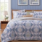 BLOOMHAVEN Quilt Set Queen Size, Patchwork Blue Marigold Floral Quilt Sets, Reversible Bedspread Lightweight and Breathable for All Seasons, Soft Quilted Bedspread with 2 Pillow Shams