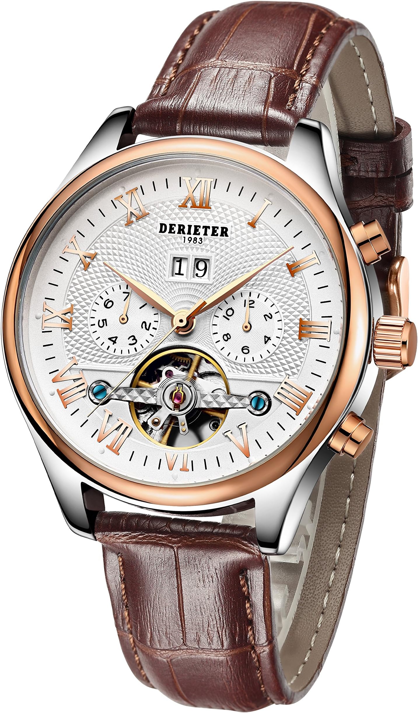 Derieter Automatic Mechanical Skeleton Imitate Tourbillon Watch Men Rose Gold Mechanical Wrist Watches