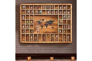 Tristcily Large World Map Shot Glass Display Case 60 Slots 34 X 26''Rustic Brown Wood Holder for 2 Different Size Shot Glass In Living Rooms Bars Wine Cellars,Can Also Used for Jewelry Stones&Shell