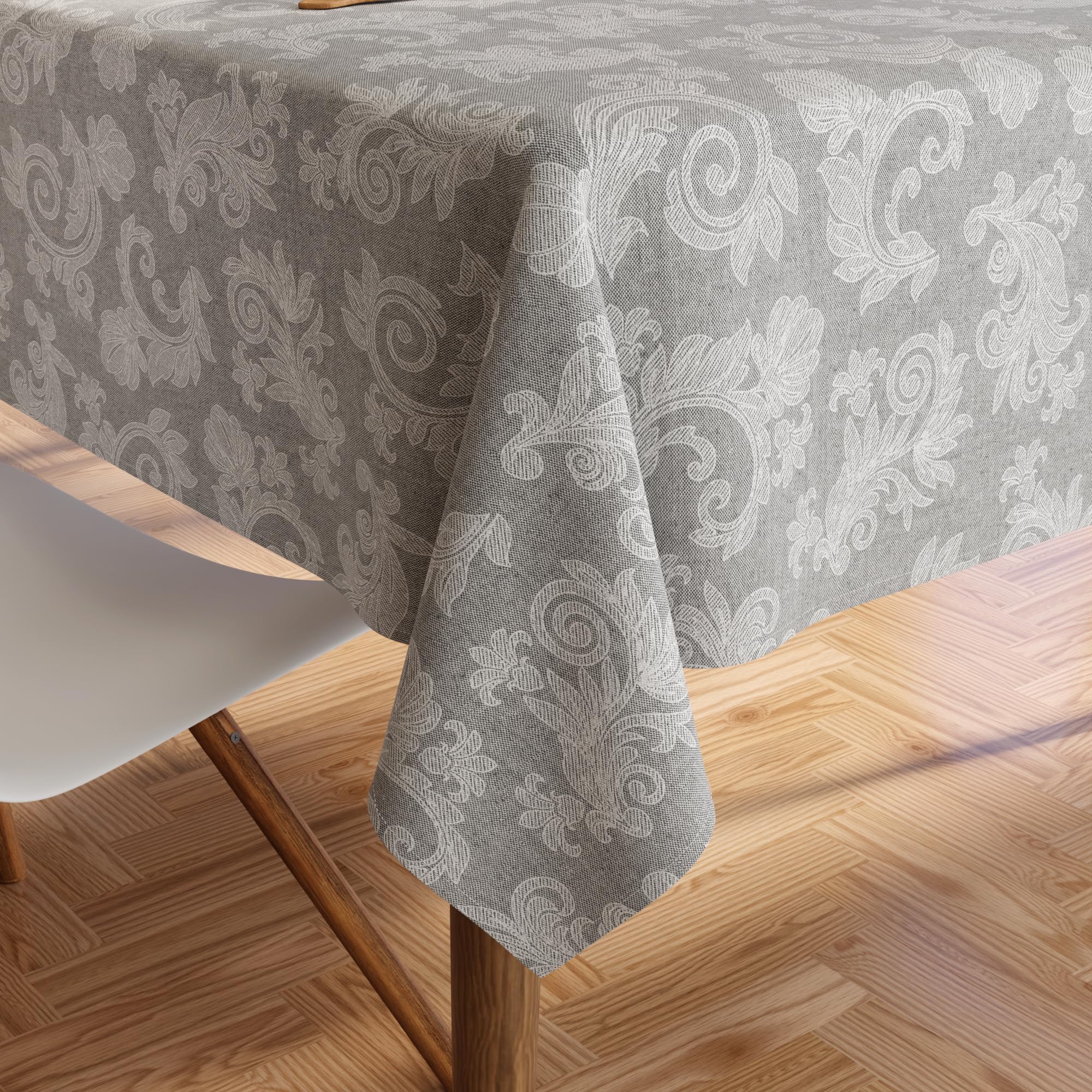 Encasa XO 8 to 10 Seater Dining Table Cloth 145x300 cm (57x118 in) I Floral Grey Jacquard Style Print on Chambray Homespun Cotton I for Family Gatherings, Parties I Washable