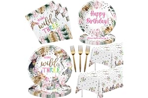 APOWBLS Young Wild And Three Decorations Girl Tableware, Safari 3rd Birthday Party Supplies, Plate, Napkin, Tablecloth, Fork, Animal Jungle 3 Year Old Birthday Decorations Dinnerware | Serves 24