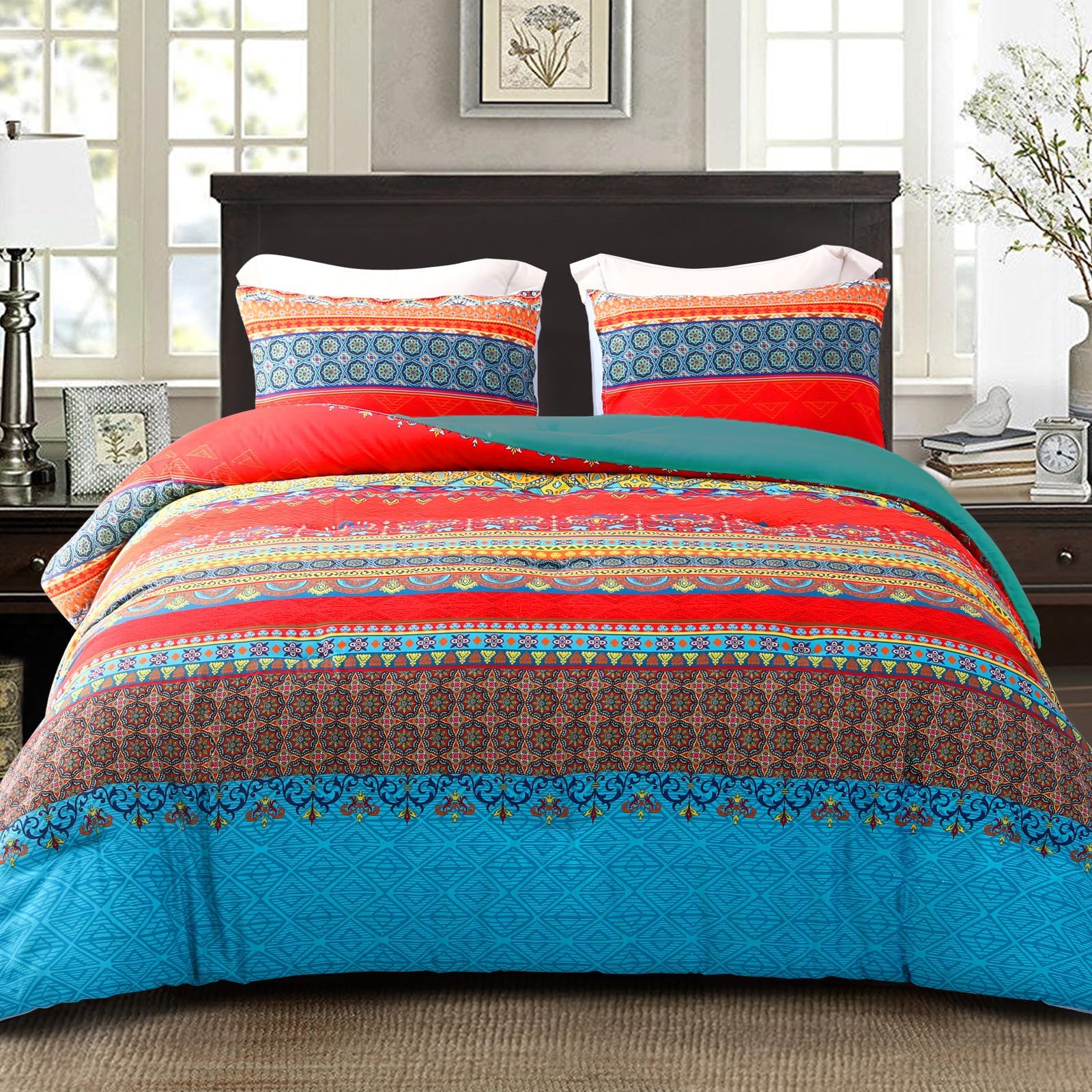 Exclusivo Mezcla Coverless Duvet Set with 2 Pillowcases, 7.5 Tog Double Size Reversible Duvet All Seasons with Bohomian Pattern, Lightweight and Warm, Blue