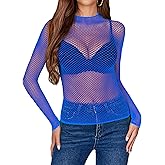 Avidlove Women's Sexy Fishnet Mesh Long Sleeve Tops Mock Neck Sheer Lace See-Through Blouse Bodycon Clubwear Party Tops