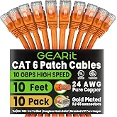 GEARit Cat6 Patch Cables Cat 6 Ethernet Cable 10 ft 10-Pack Orange | Ethernet Patch Cable, 10Gbps 550MHz 24AWG Pure Copper, Snagless, Gold Plated RJ45 for Router, Server, Router, PC