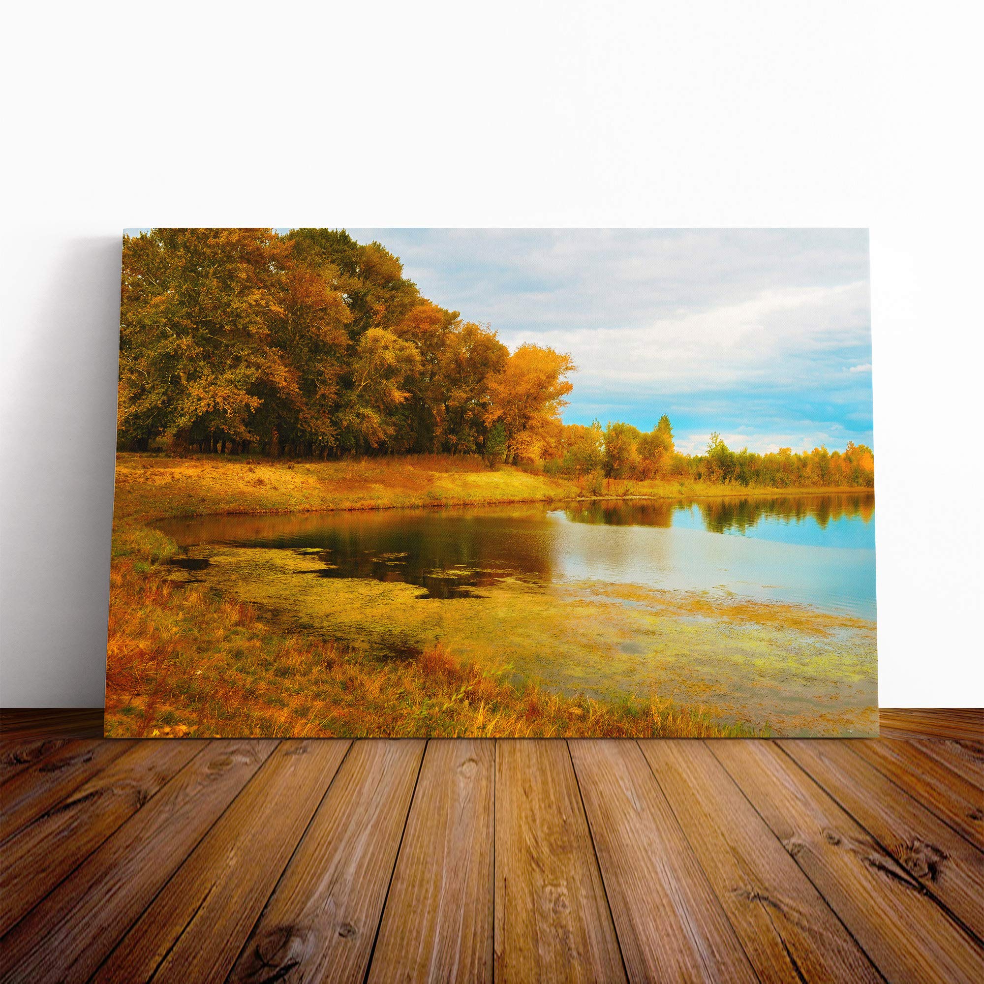 Landscape Autumn Forest and Lake Canvas Print | Gallery Wrapped 30mm Frame Wall Art | 20x14 inches | Ready to Hang | Contemporary Landscape Picture | Living Room Bedroom Lounge Office