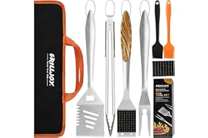 Grilljoy 8PCS Heavy Duty BBQ Grill Tools Set with Extra Thick Stainless Steel Spatula, Fork, Tongs & Cleaning Brush - Complete Barbecue Accessories Kit with Portable Bag - Perfect Grill Gifts for Men