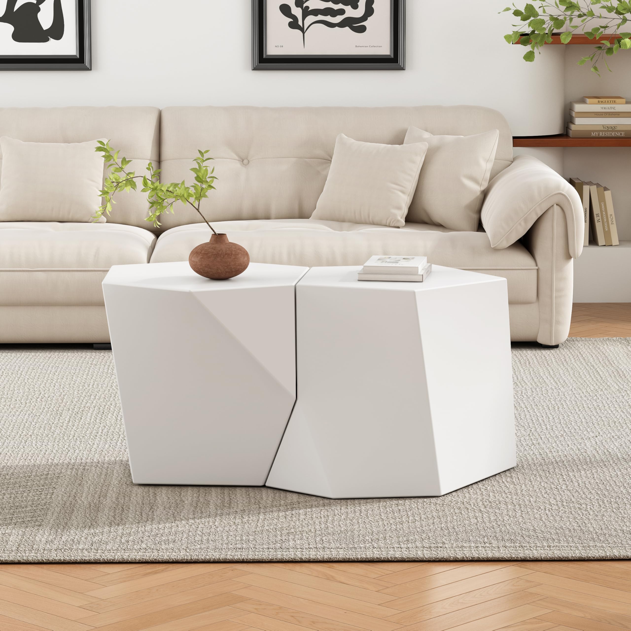 Photo 1 of ***ONLY 1 PIECE OF THE ITEM IS INCLUDED***Christopher Knight Home Skyles Coffee Table Set of 2, Geometric Lightweight Concrete Patio End Table, Contemporary Home Decor, Flexible Indoor Outdoor Coffee Tables, No Assembly Required, White***ONLY 1 PIECE INCL