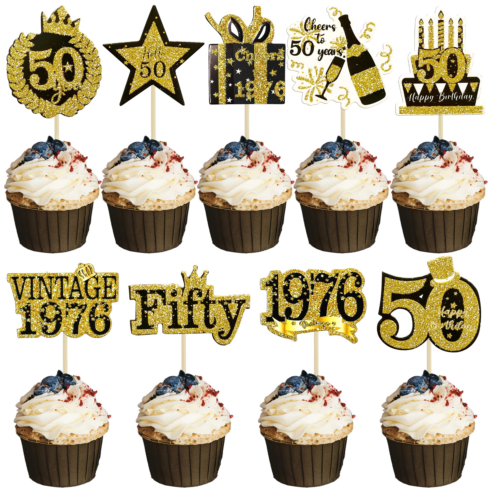 Gyufise 36Pcs Happy 50th Birthday Cupcake Toppers Glitter Black Gold Fifty Hello 50 Vintage 1976 Cupcake Picks Cheers to 50 Years 50 Fabulous Cake Decorations for 50th Birthday Party Supplies — image 1
