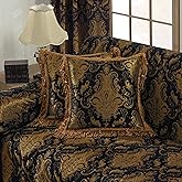 Loom and Mill Luxury Throw Pillow Cover 20 x 20 Inches 1 Piece, Jacquard Decorative Chenille Square Pillow Cover Pillowcase with Lace Edge and Tassels for Bed Couch Sofa Party Home Decor, Black&Gold