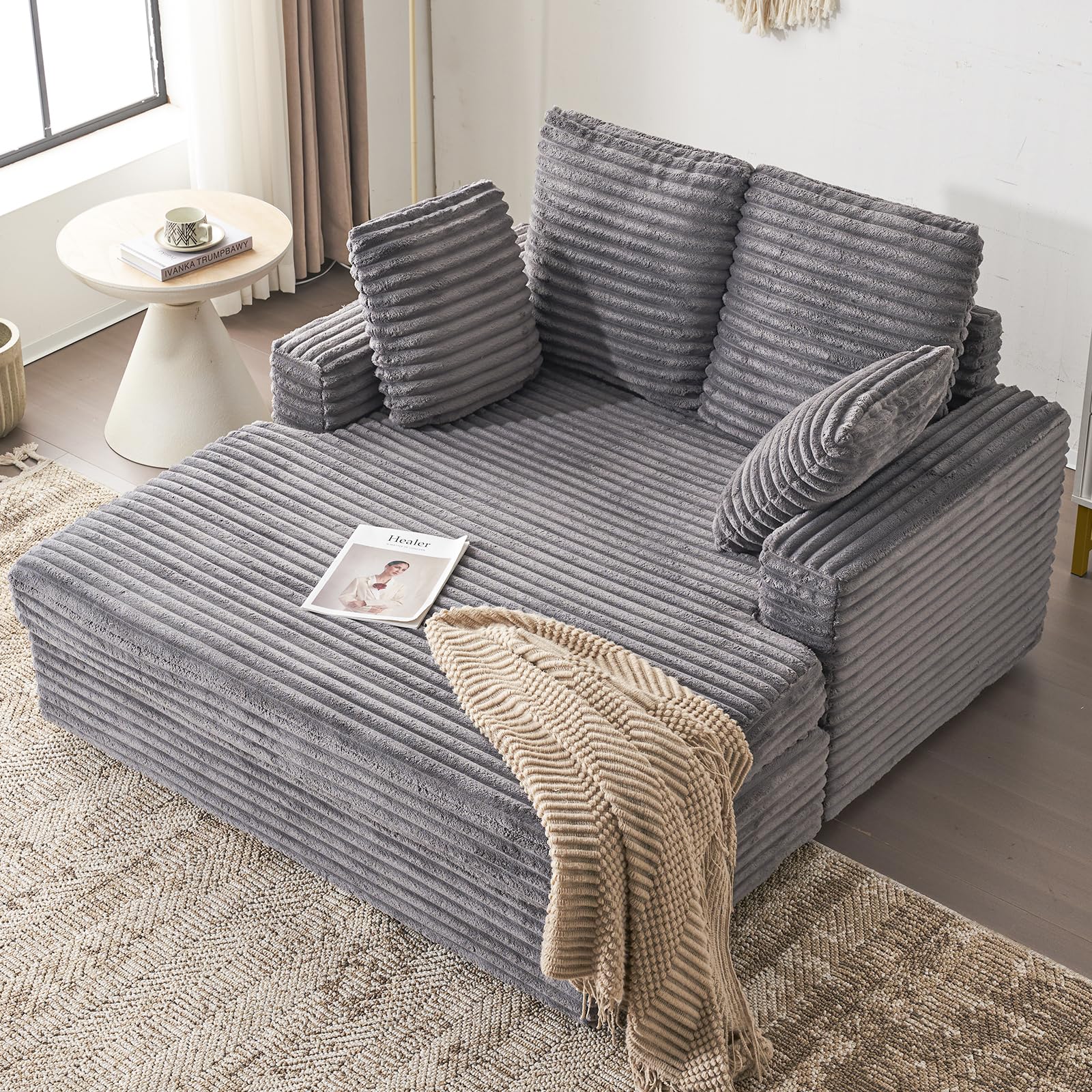 Photo 1 of *TWO BOXES** Furnimart Chaise Lounge Chair Indoor, 58 Inch Sleeper Sofa with 2 Throw Pillows, Fluffy Corduroy Loveseat Couch for Living Room, Comfy Oversized Reading Chair, Gray
***Full Set***