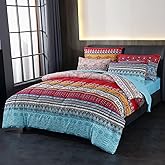 Bohemian Bed in a Bag 7 Pieces Queen Size, Colorful Boho Style Red And Blue Printed, Reversible Comforter Set (1 Comforter, 1 Flat Sheet, 1 Fitted Sheet, 2 Pillow Shams, 2 Pillowcases) (Queen, A)