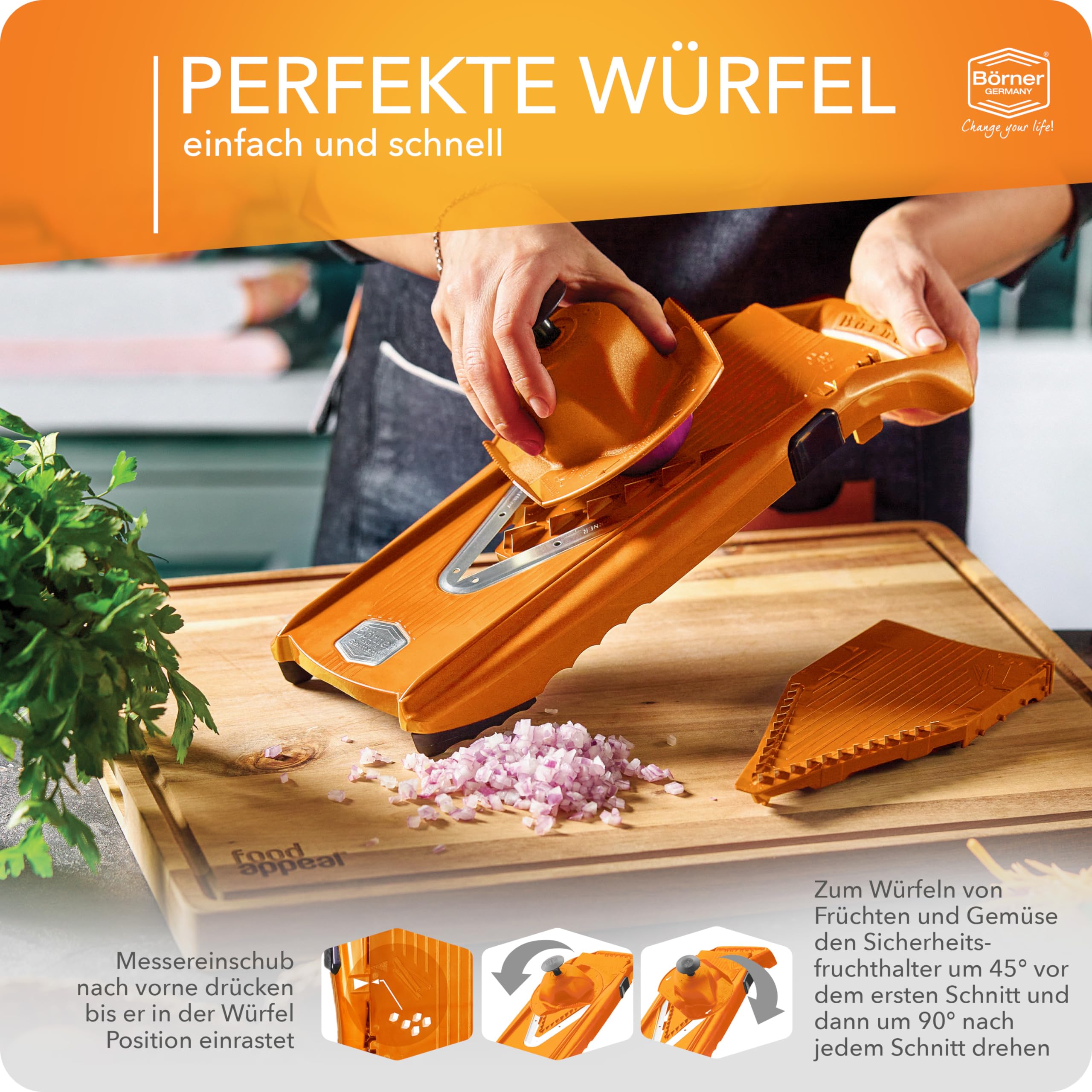 Börner Gemüsehobel V5 (Starter Set) • V-Hobel für Scheiben, Sticks & Würfel in vielen Größen • Gemüseschneider mit Edelstahl V-Klinge • Verstellbarer Küchenhobel • Farbe: Orange 5