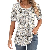 OFEEFAN Women's Pleated Puff Sleeve V-Neck Top | Loose Fit Blouse For Summer, Floral Print (C231-floral Black, X-Large)