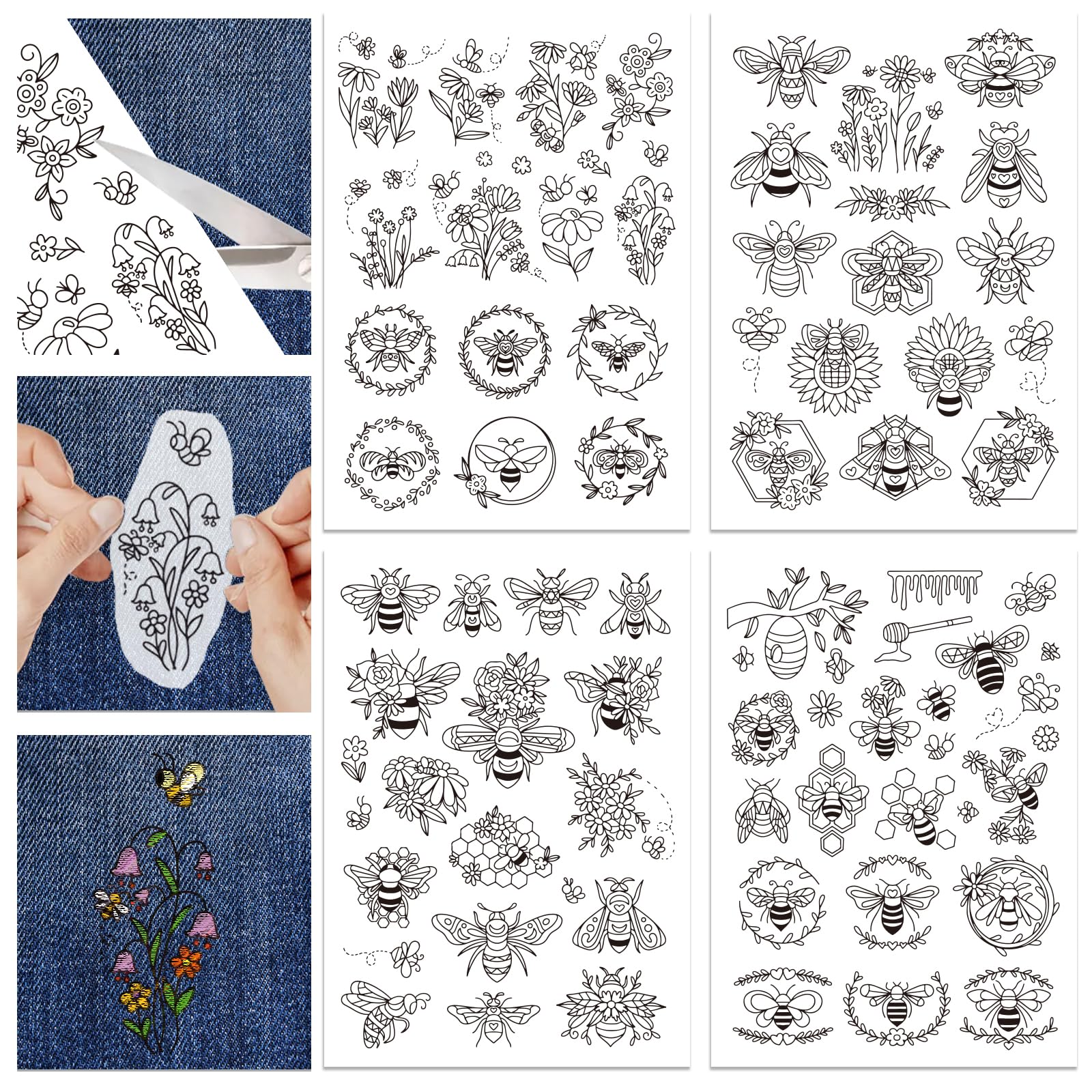 GLOBLELAND 4 Sheets Flower and Bees Pattern Water Soluble Embroidery Hand Sewing Stabilizers for Fabric Stitch Practice Embroidery Stickers Wash Away Stabilizers for Embroidery Beginners Lovers