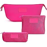 Kat Myhr Neoprene Washable Travel Makeup & Cosmetic Bag Set, 2 Air Mesh Pouches,100% Neoprene Toiletry Bag, Large Water Resistant Travel Bag for Toiletries, Makeup Cosmetic Travel Bag (Fuchsia Pink)