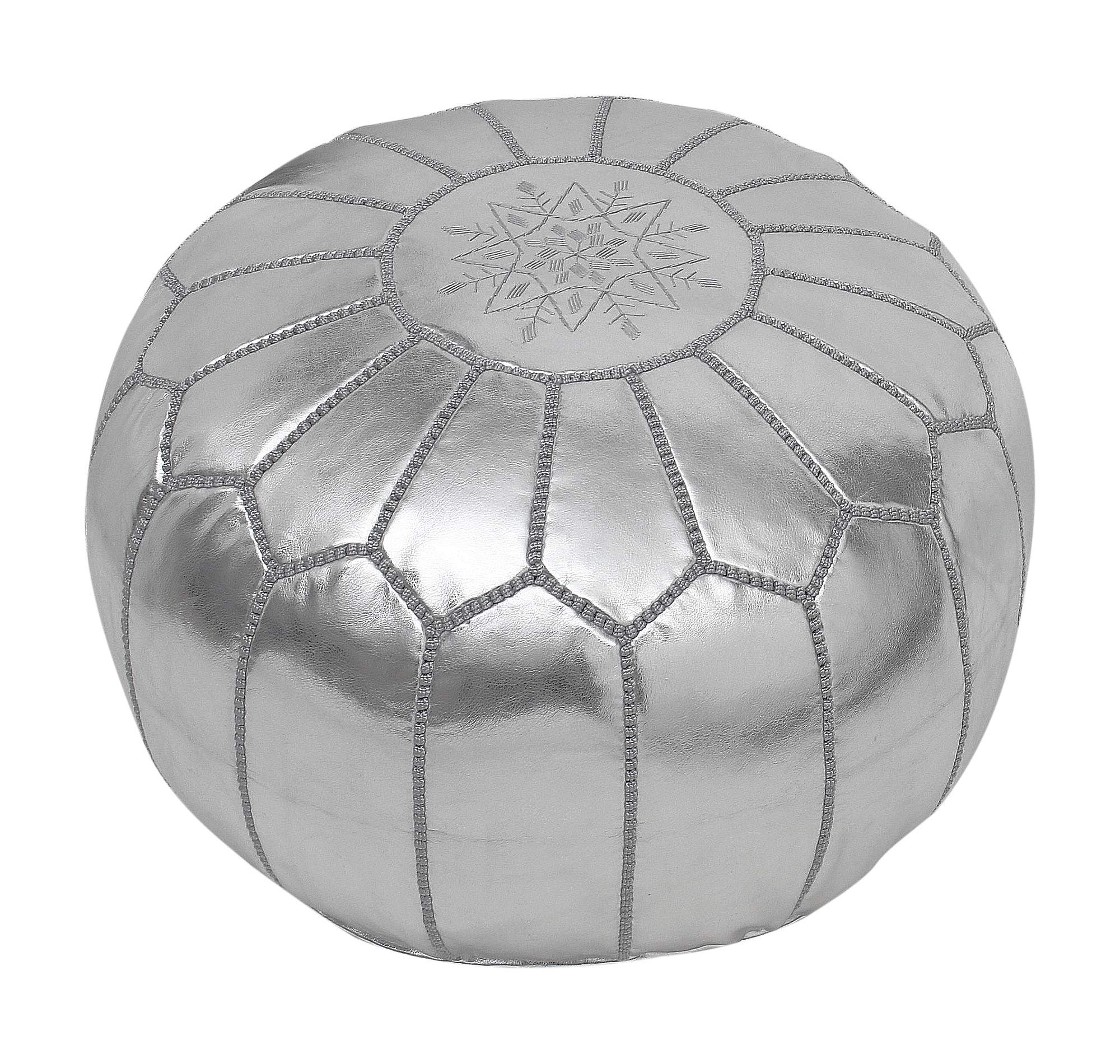 ESSENCE OF MOROCCO Moroccan Pouffe Pouf Footrest Footstool Ottoman Silver Grey Faux Leather Handmade Hand-stitched with Embroidered Pattern Marrakech Design (COVER ONLY)