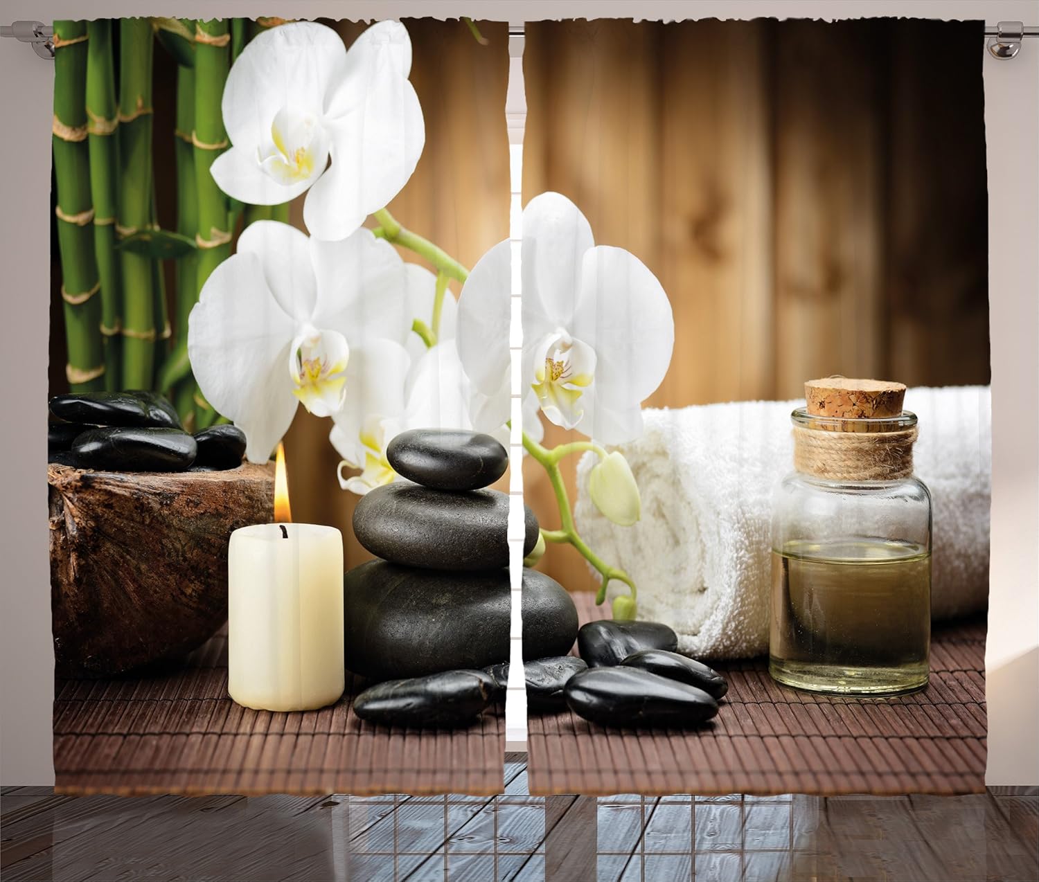 Ambesonne Spa Curtains, Spa Style Arrangement with Stones Candle Flowers and Bamboo Art, Living Room Bedroom Window Drapes 2 Panel Set, 108