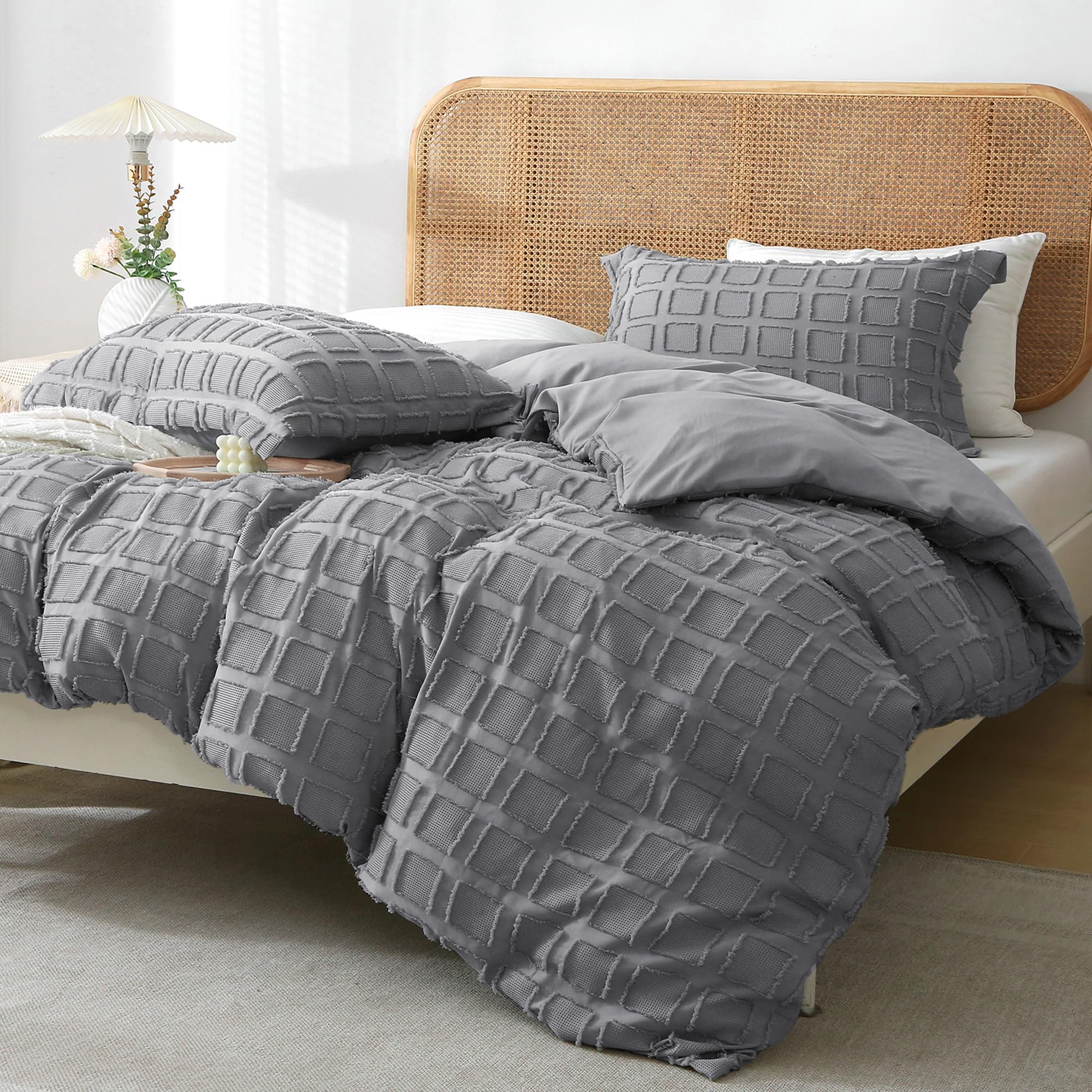 Photo 1 of MILDLY Waffle Weave Duvet Cover Set Grey Tufted Duvet Cover 100% Washed Microfiber Soft & Breathable Textured Comforter Cover Set with Zipper Closure Corner Ties