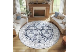 jinchan Round Rug 8ft Area Rugs Vintage Floral Distressed Design Machine Washable Non-Slip Low-Pile Ultra-Thin Circle Rug for Living Room Dining Room Bedroom Home Office Farmhouse (8' Round,Dark Blue)