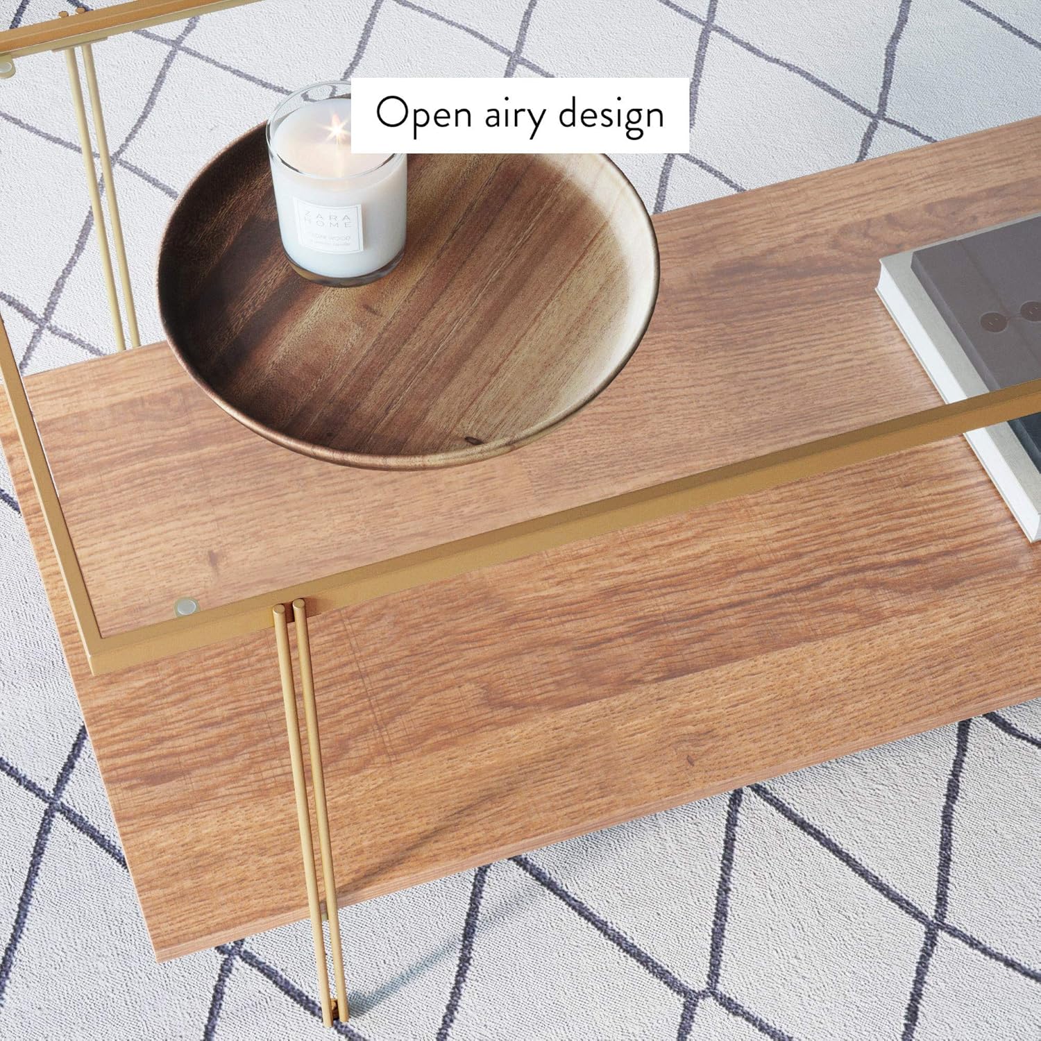 Nathan James Asher Mid-Century Rectangle Coffee Table Glass Top and Rustic Oak Storage Shelf with Sleek Brass Metal Legs, Gold: Furniture & Decor