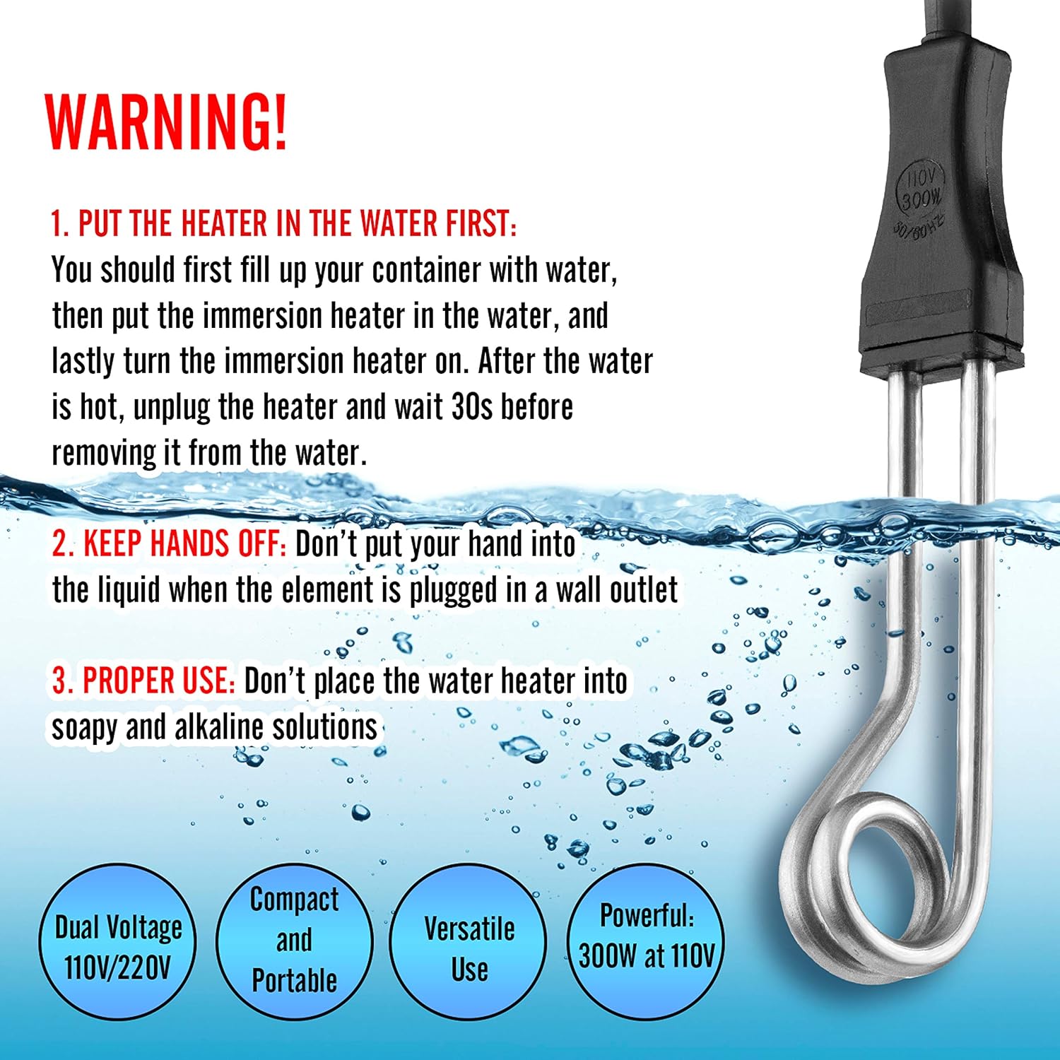 Diximus 300W - 120/240V - Dual Voltage Portable Travel Immersion Water Heater - Instant Electric Boiler + Travel Pouch: Kitchen & Dining