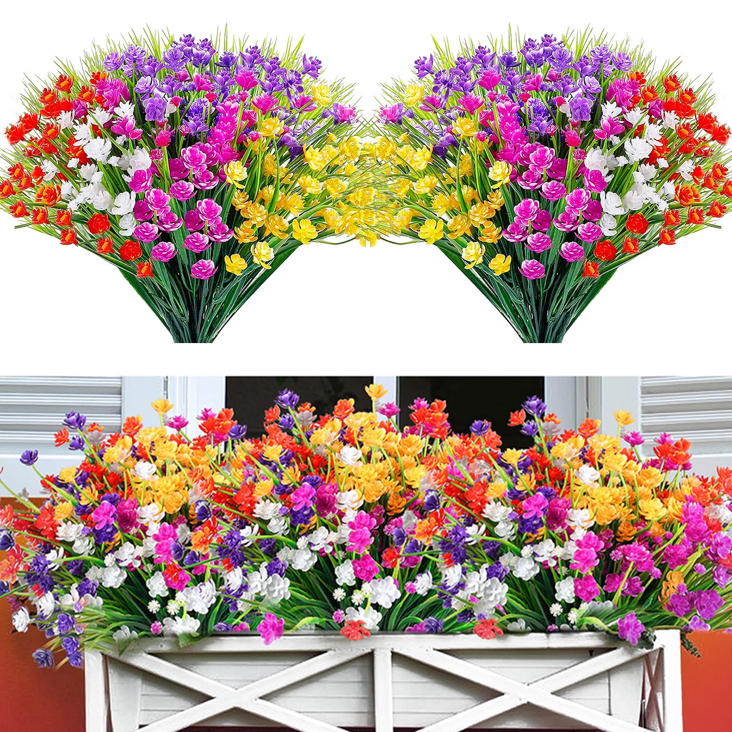 DOMI PRO 10 Bundles Artificial Flowers for Decoration, 5 Colors UV Resistant Fake Flowers, Plastic Shrubs Plants for Home Garden Decoration Porch Window Wedding Party Decor