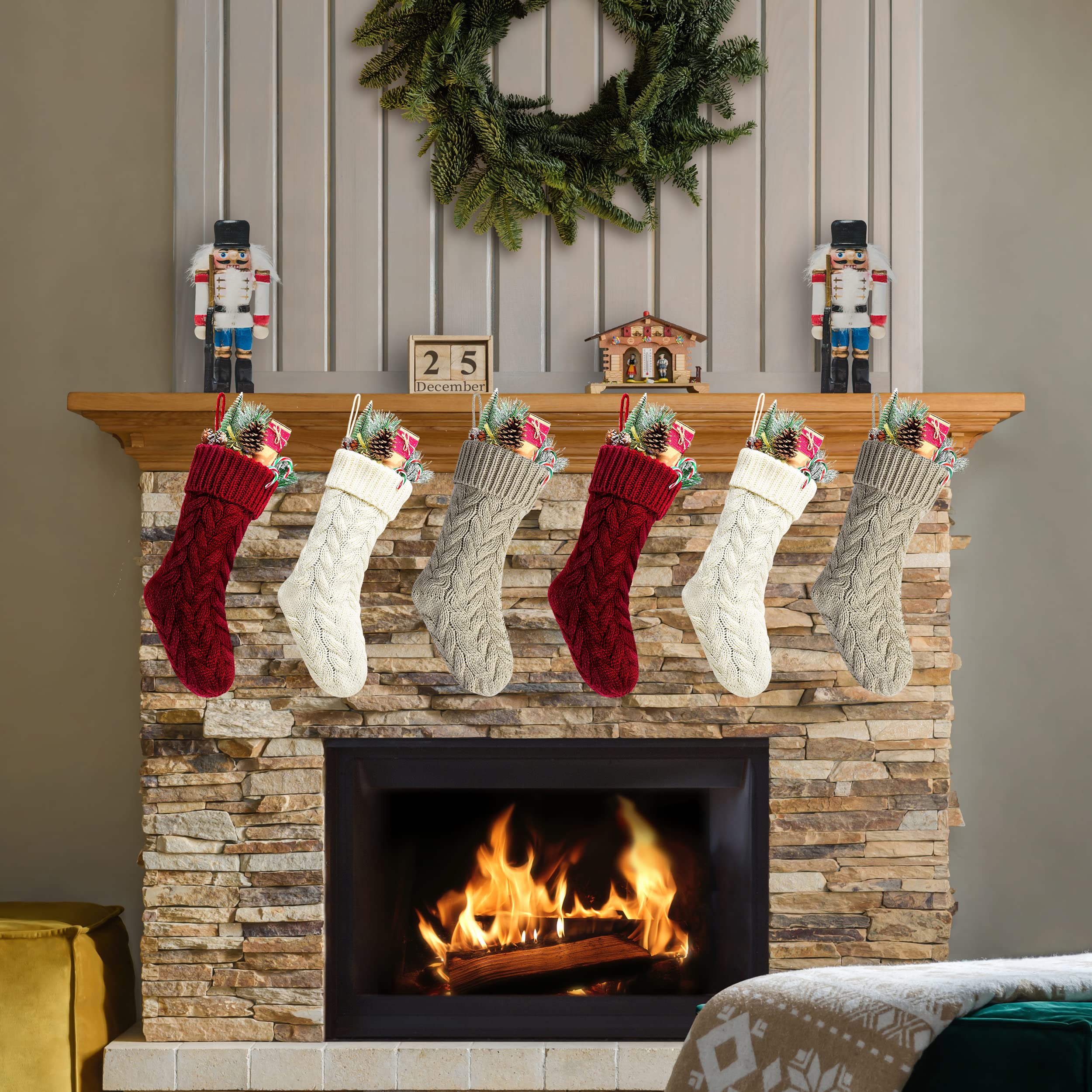 Unique Burgundy and Ivory White and Khaki Knit Christmas Stockings